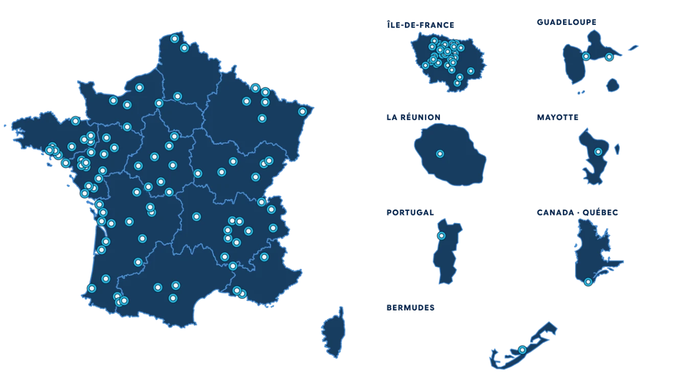 Map of networks equipped by Hubup in mainland France, Île-de-France, overseas France (Guadeloupe, Réunion, Mayotte), Portugal, Quebec and Bermuda