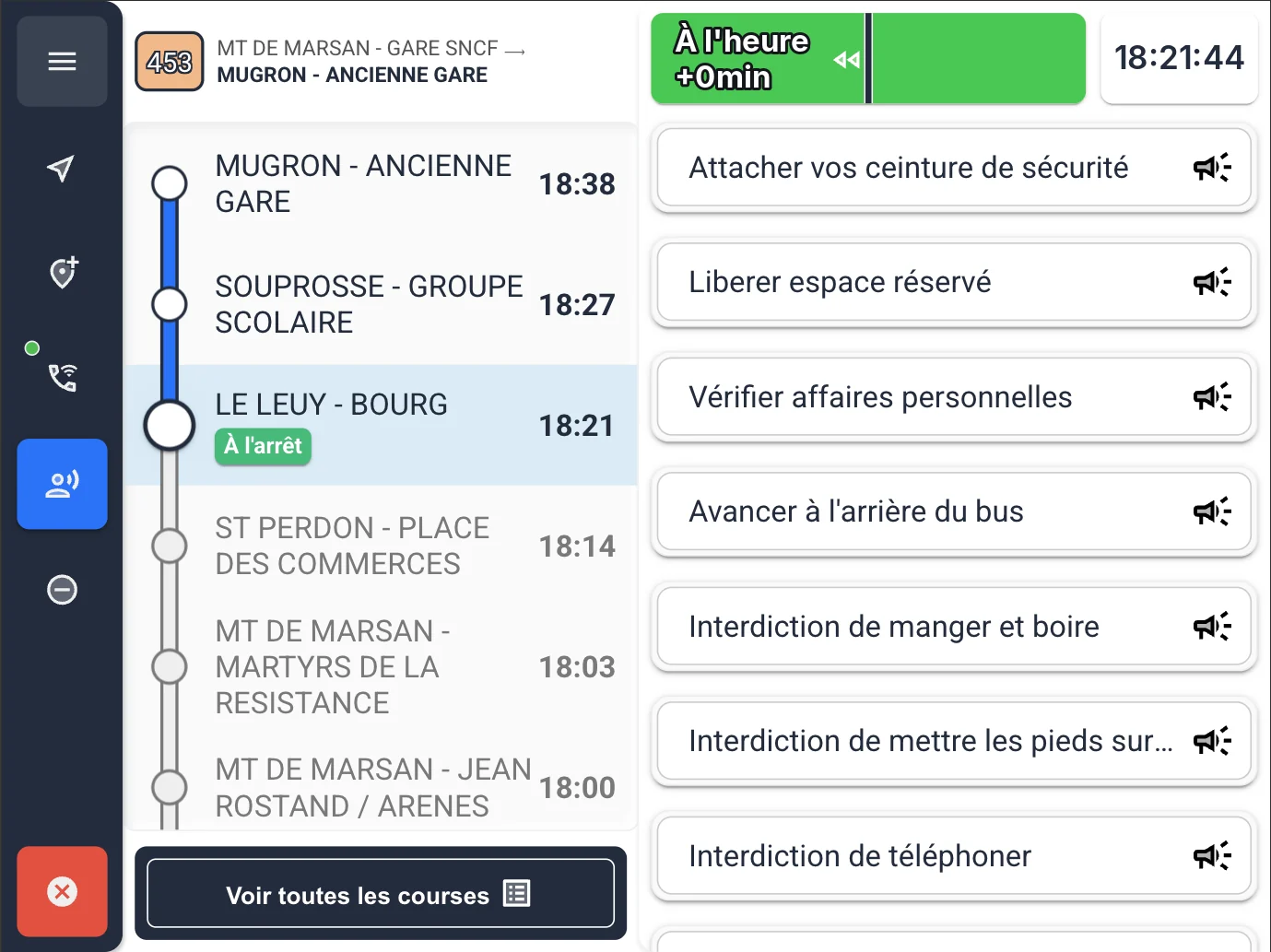 Driver app: list of audio announcements to broadcast on board (seat belts, priority seating, personal belongings…)