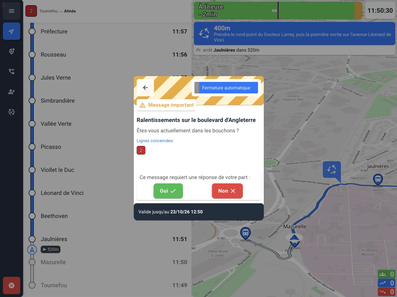 Driver app: important dispatch message about slowdowns, with the line concerned and a Yes / No answer requested from the driver