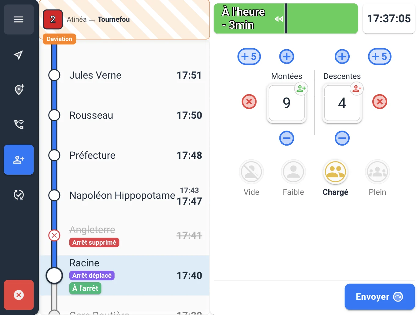 Driver app: boarding and alighting count at the stop and vehicle occupancy level