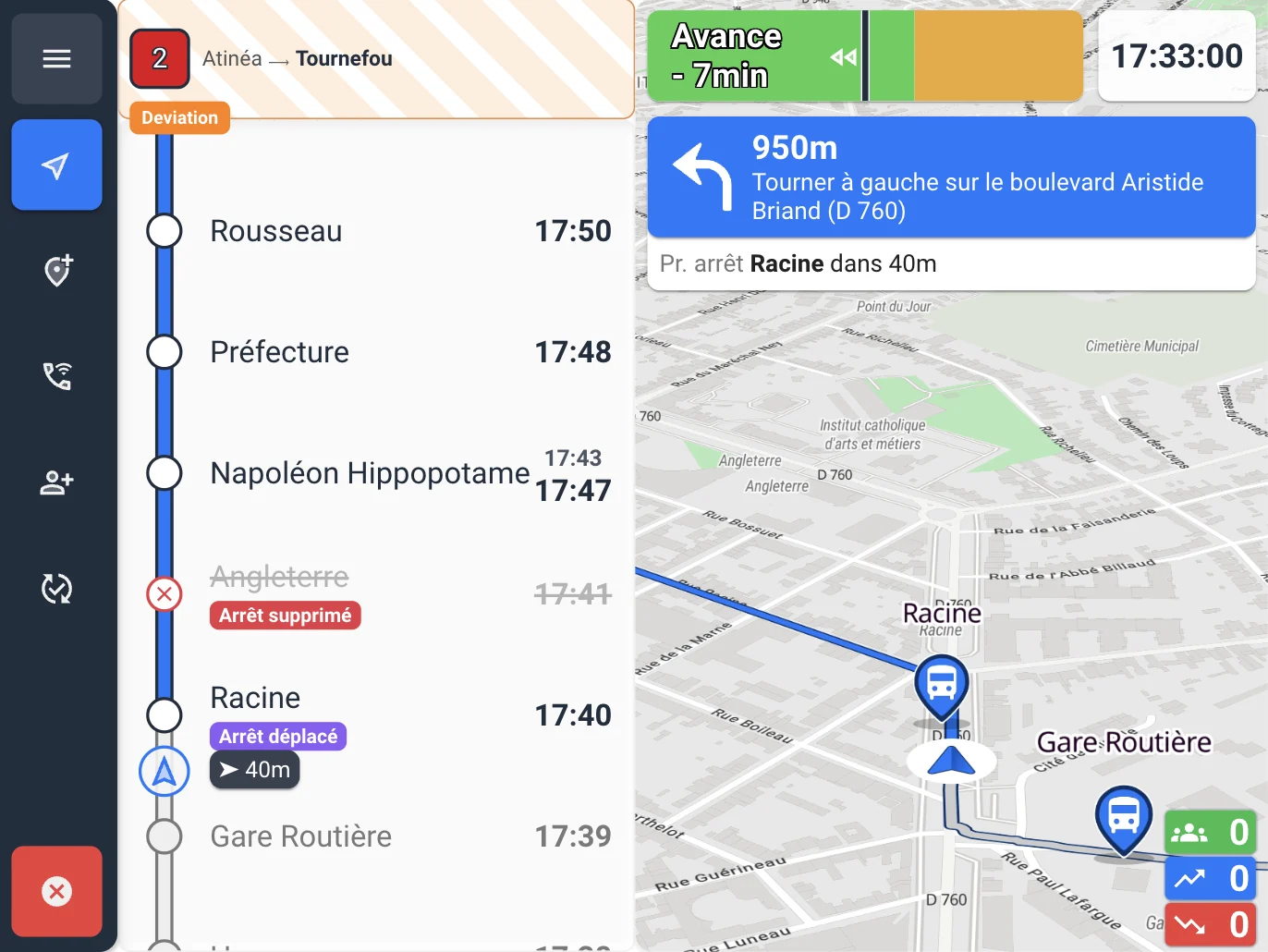 Driver app during a diversion: line thermometer with a cancelled stop and a relocated stop, GPS guidance and early/late running
