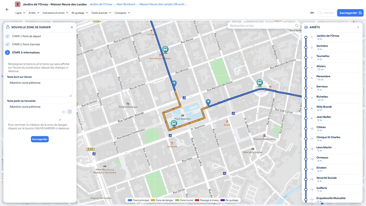 Flexnav operator portal: creating a danger zone on a line's route, with the list of stops