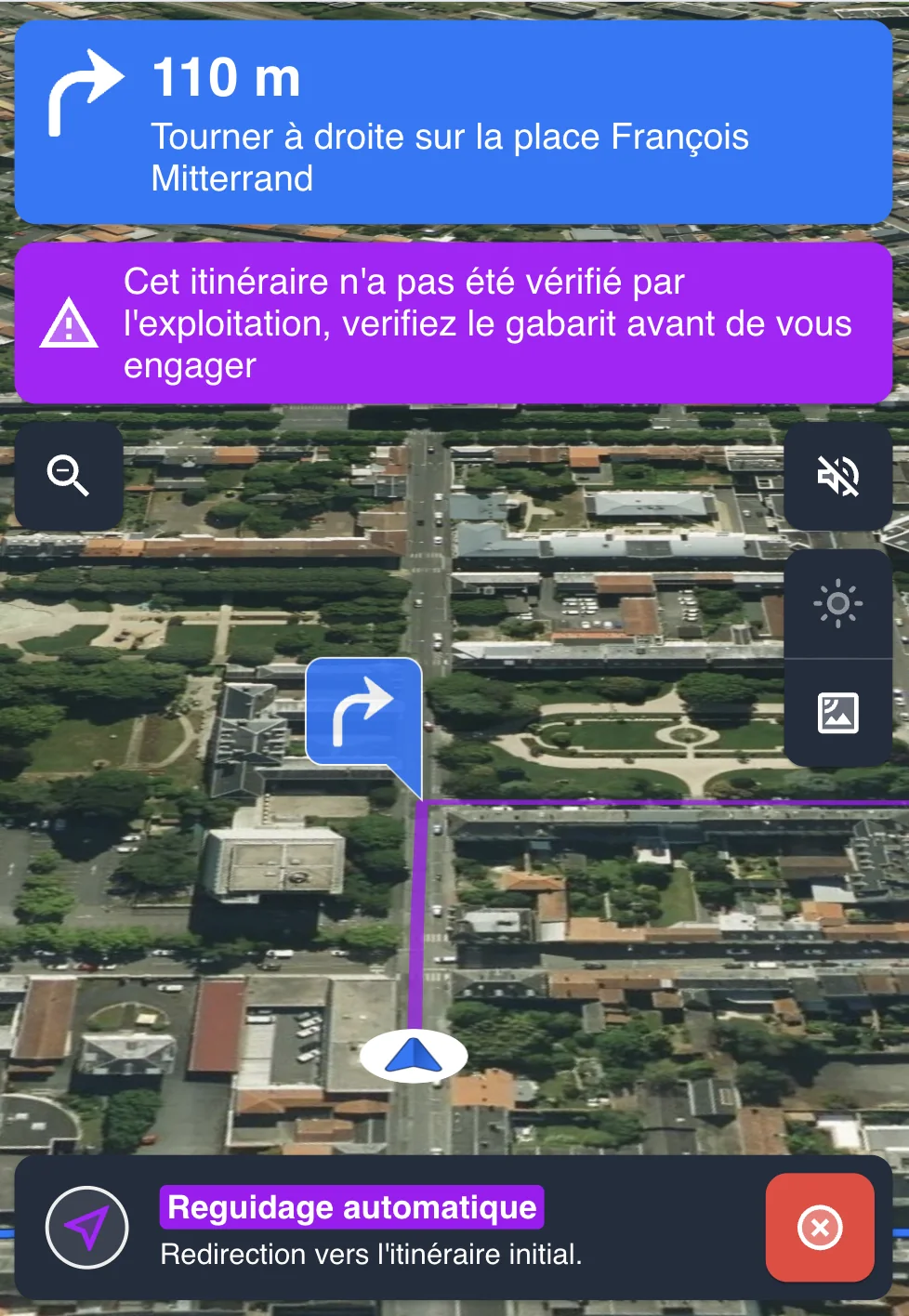 Flexnav: automatic rerouting to the original route, unverified-route alert and satellite view