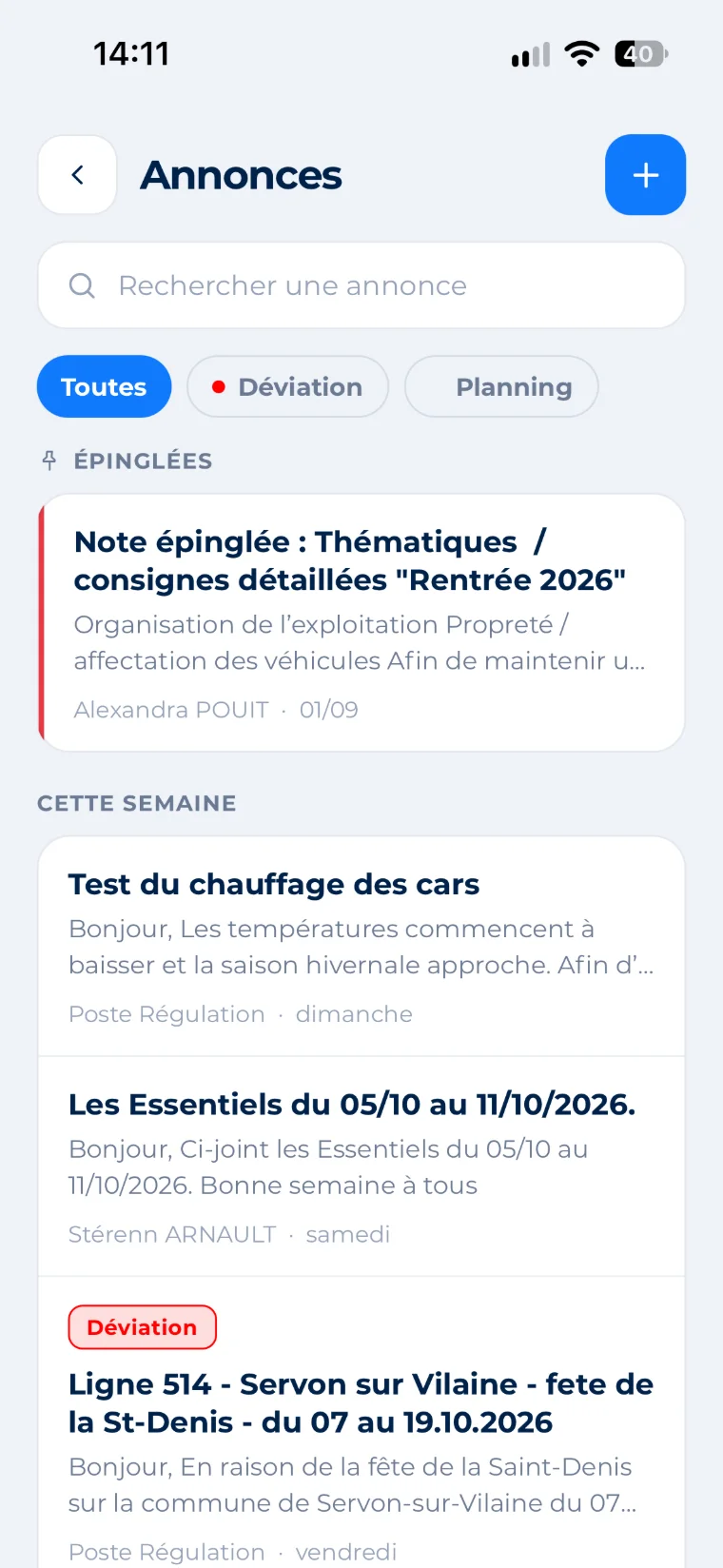 Inlink app Announcements screen: All, Detour and Schedule filters, pinned note and detour announcement on line 514