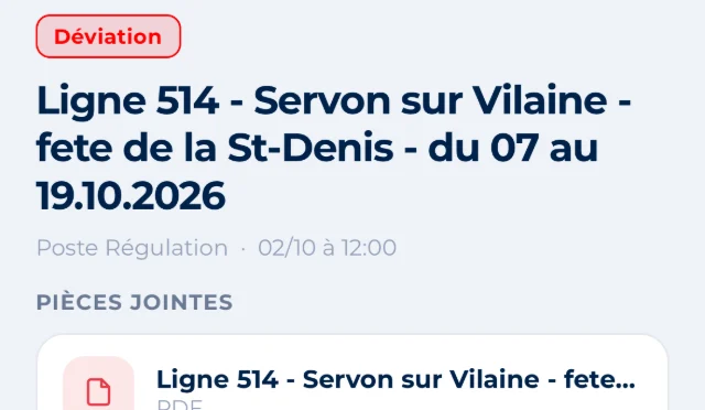Announcement detail: line 514 detour, Servon-sur-Vilaine, Saint-Denis fair from 07 to 19.10.2026, with the detour map attached as a PDF