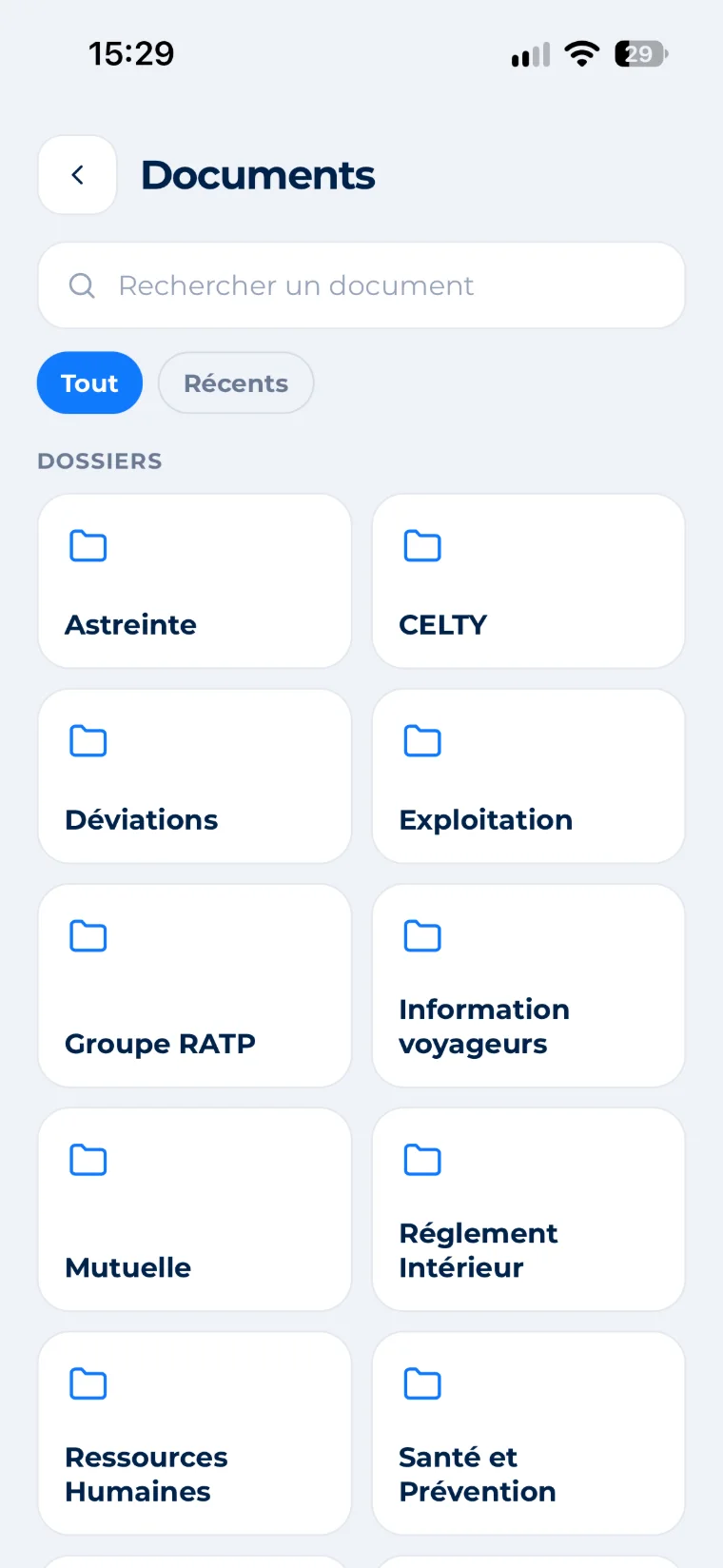 Inlink app Documents screen: On-call, Detours, Operations, Passenger information, Health insurance, Internal rules and Human resources folders