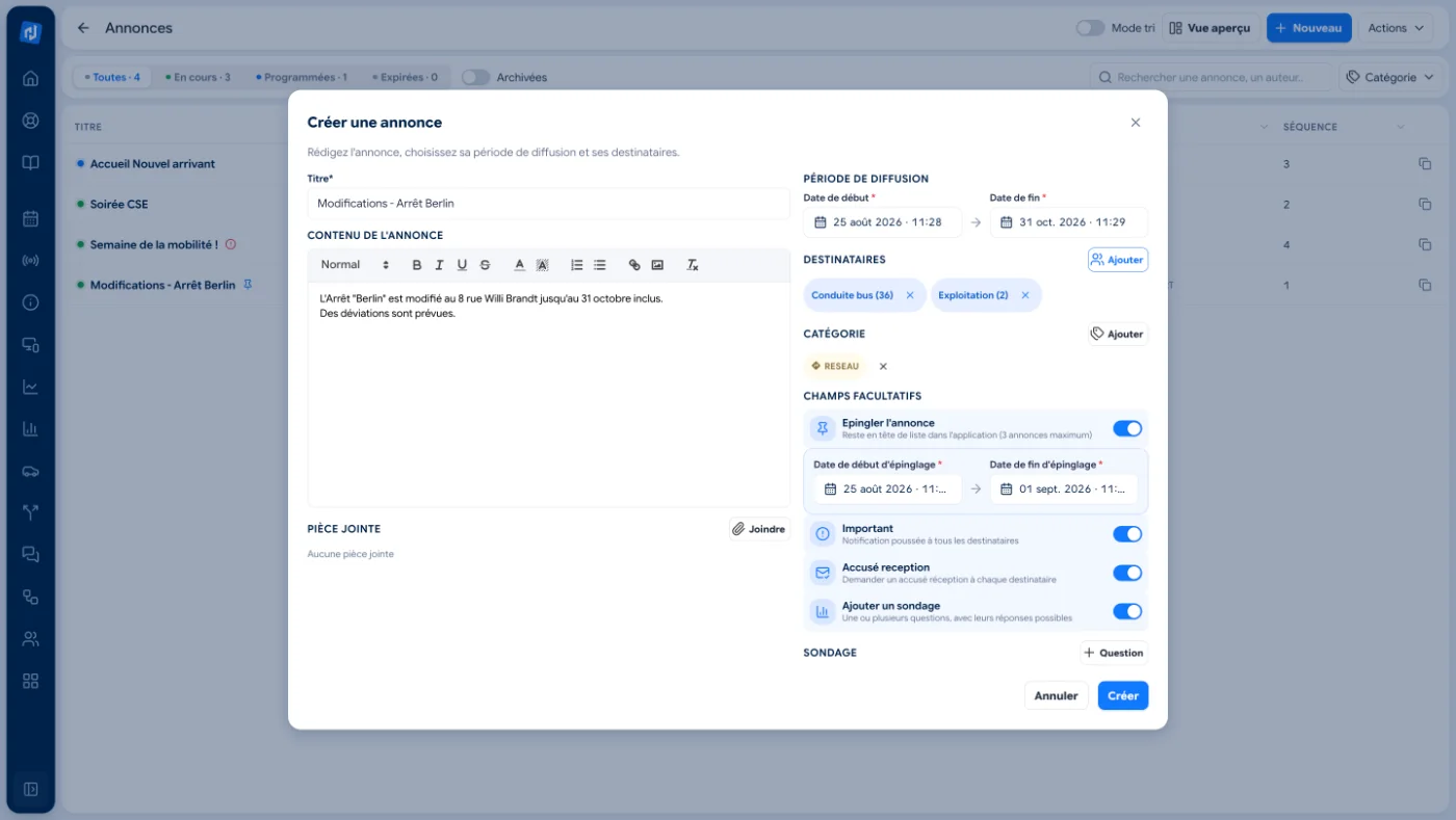 Inlink operator portal: creating an announcement with title, content, publication period, recipients, category, pinning, notification, read receipt and poll