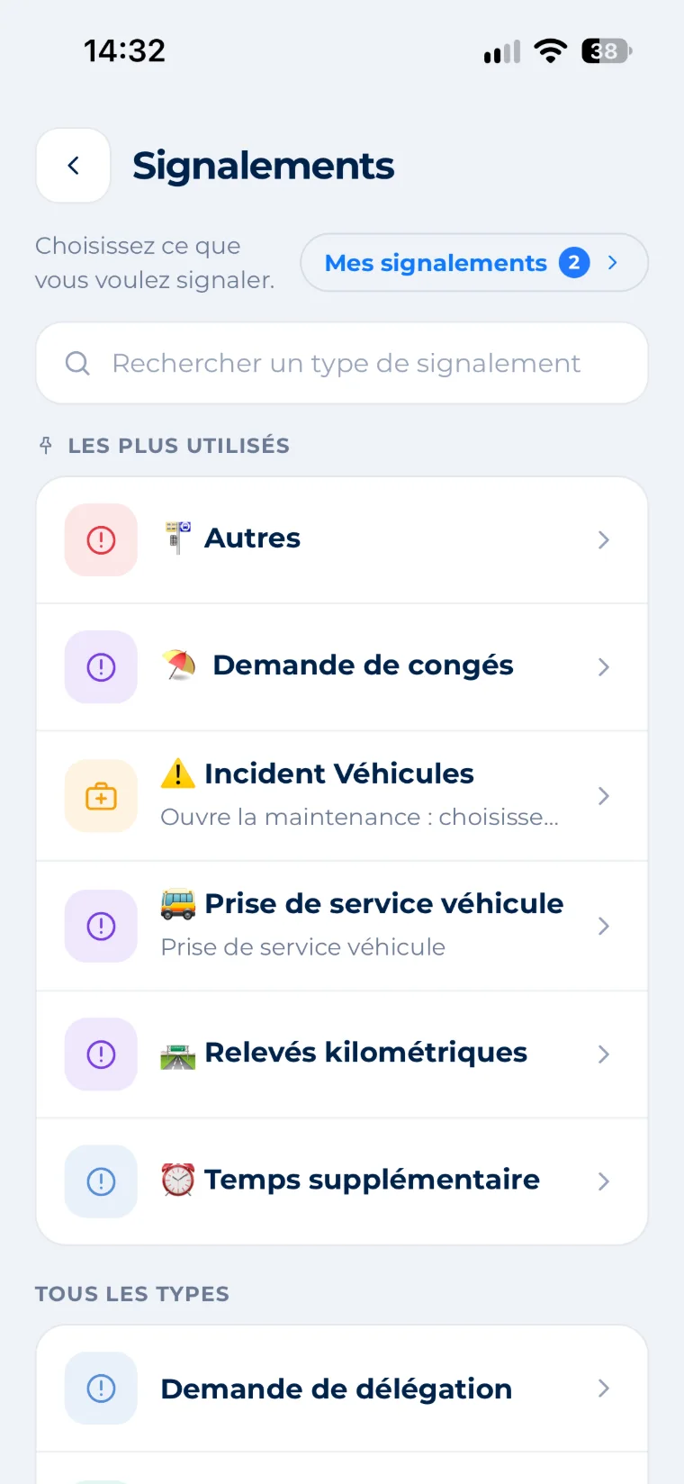 Inlink app Reports screen: Other, Leave request, Vehicle incident, Vehicle check-out, Mileage readings, Overtime