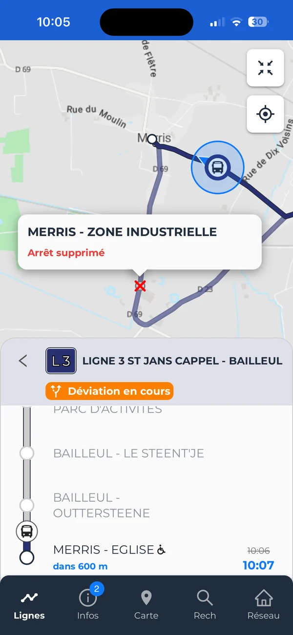 Passenger app: line 3 on diversion, cancelled stop shown on the map and real-time next departure