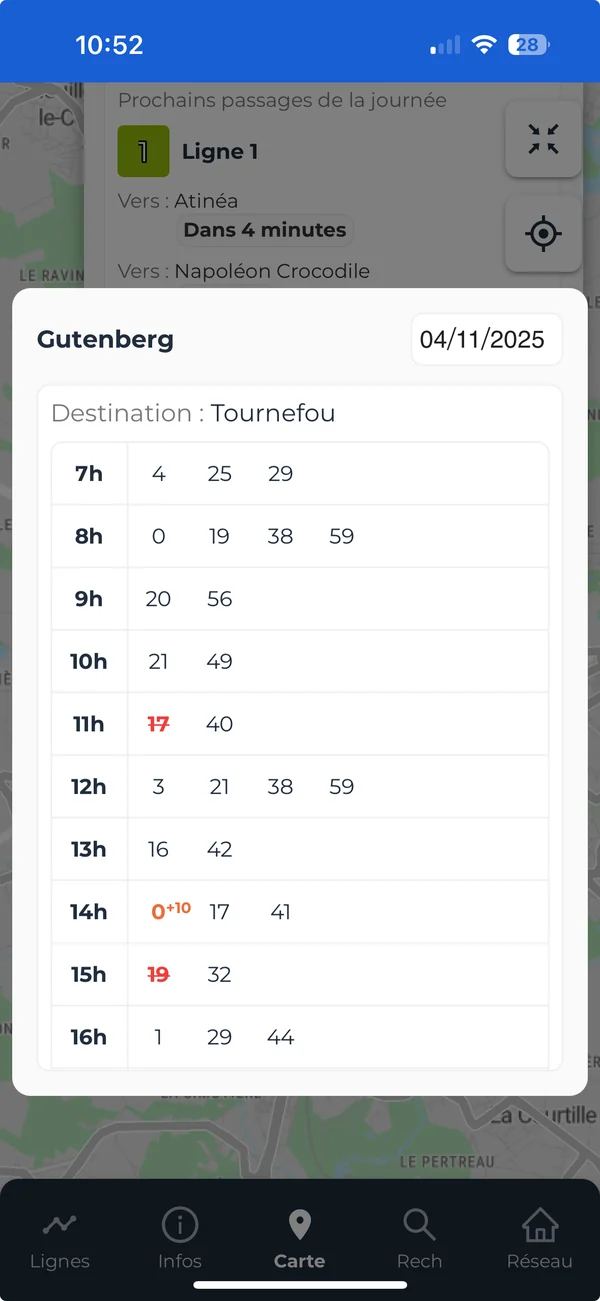 Passenger app: Gutenberg stop timetable with cancelled and delayed trips