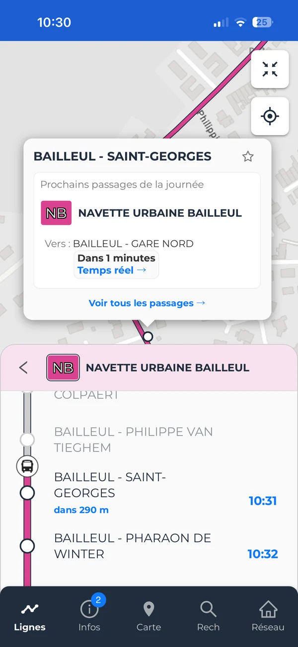 Passenger app: real-time next departure at the Bailleul - Saint-Georges stop and the bus position on the line