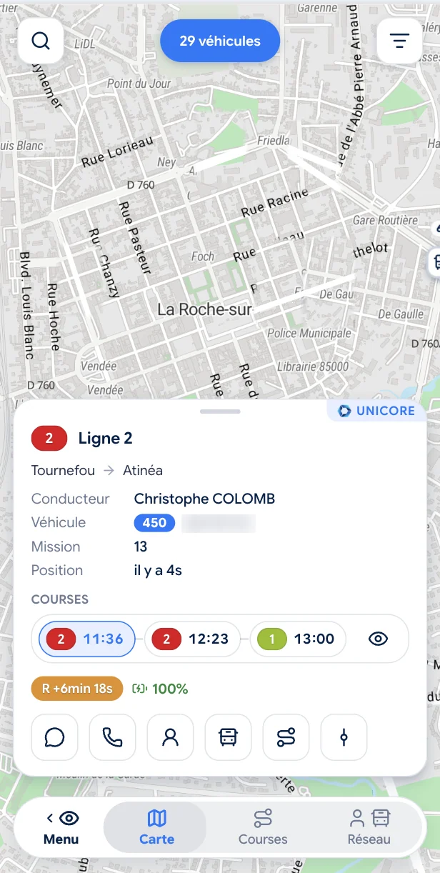 Geowatch app: real-time vehicle map and a vehicle card with line, mission, upcoming trips, delay and quick access to messaging, calling and the driver