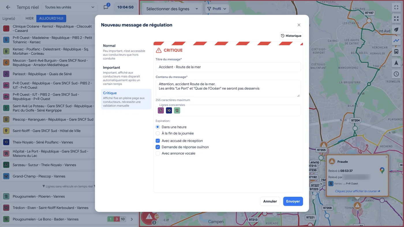 Sending a critical dispatch message to drivers on the affected lines, with read receipt and reply request, and a fare-evasion report shown on the real-time map