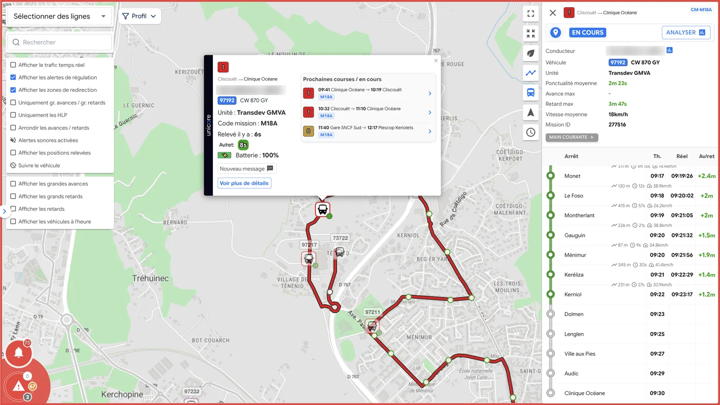 Real-time punctuality tracking: vehicles on the map, current service card with driver, vehicle, early or late running, and scheduled and actual times at each stop